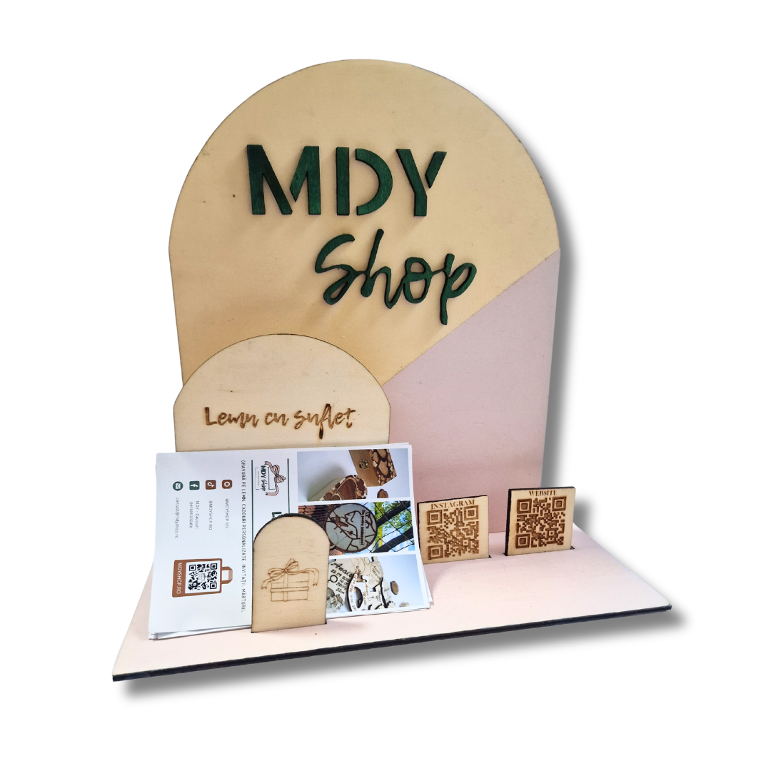 cover display business personalizat din lemn cu  2qr si suport carti de vizita, cadoart