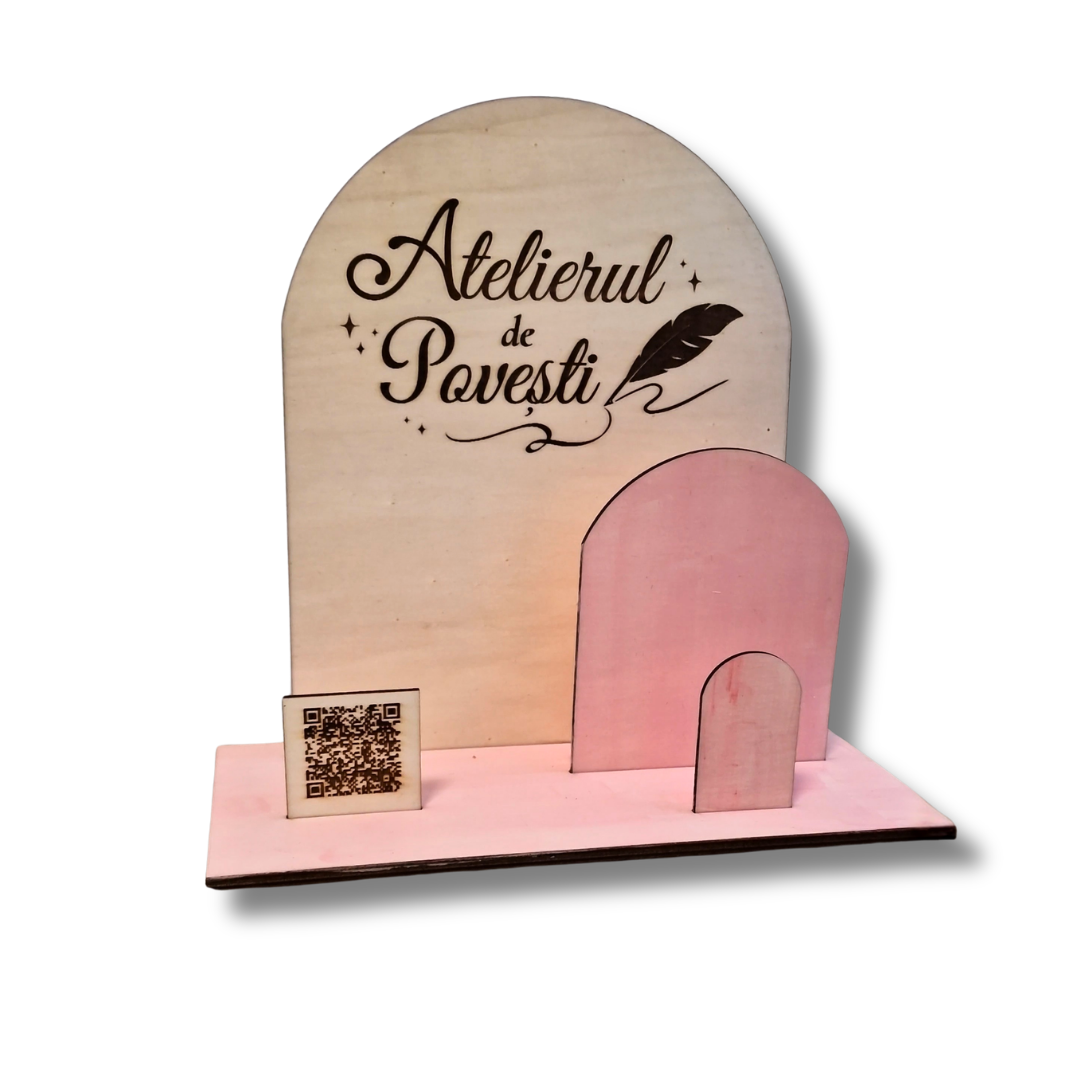 cover display business personalizat din lemn cu  qr si suport carti de vizita, cadoart