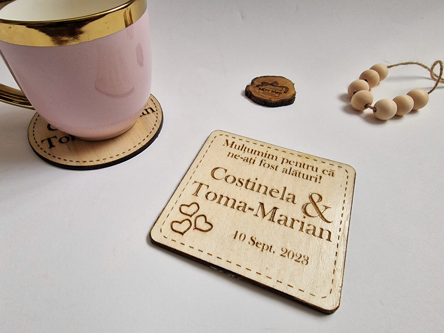 Marturie nuntă din lemn - tip suport pentru pahar (coasters) - MDY Shop