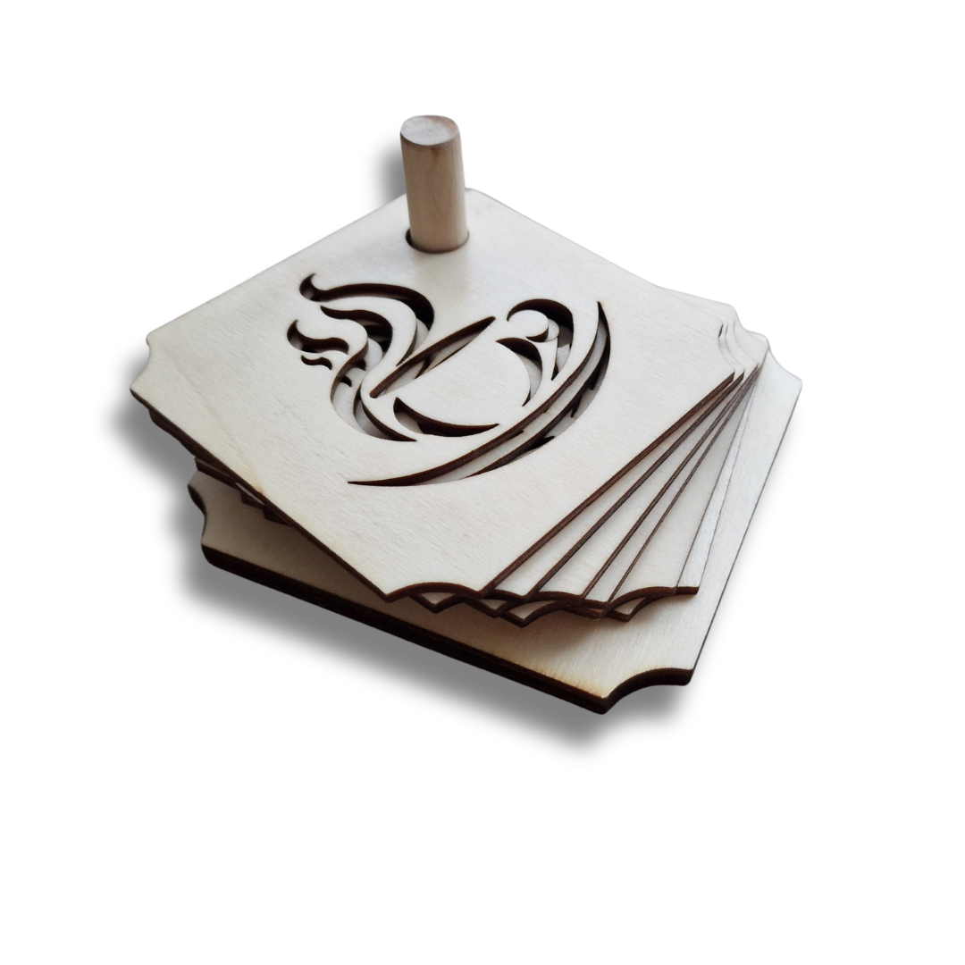 set 6 coasters din lemn cu suport si model cu ceasca de cafea