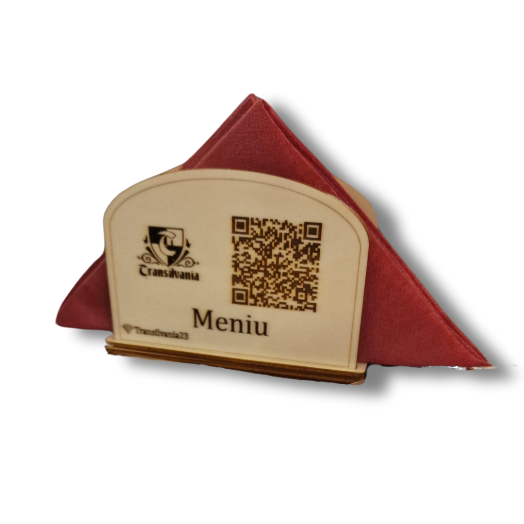 suport de servetele din lemn personalizabil cu logo si cod qr pentru meniu si servetele roșii in el