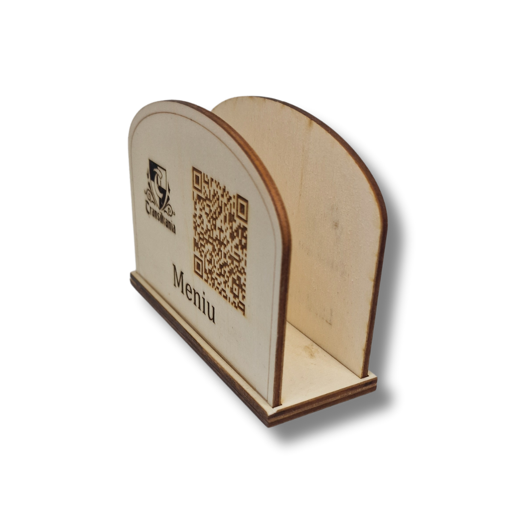 suport șervețele din lemn personalizabil cu codul qr pentru meniu si logo