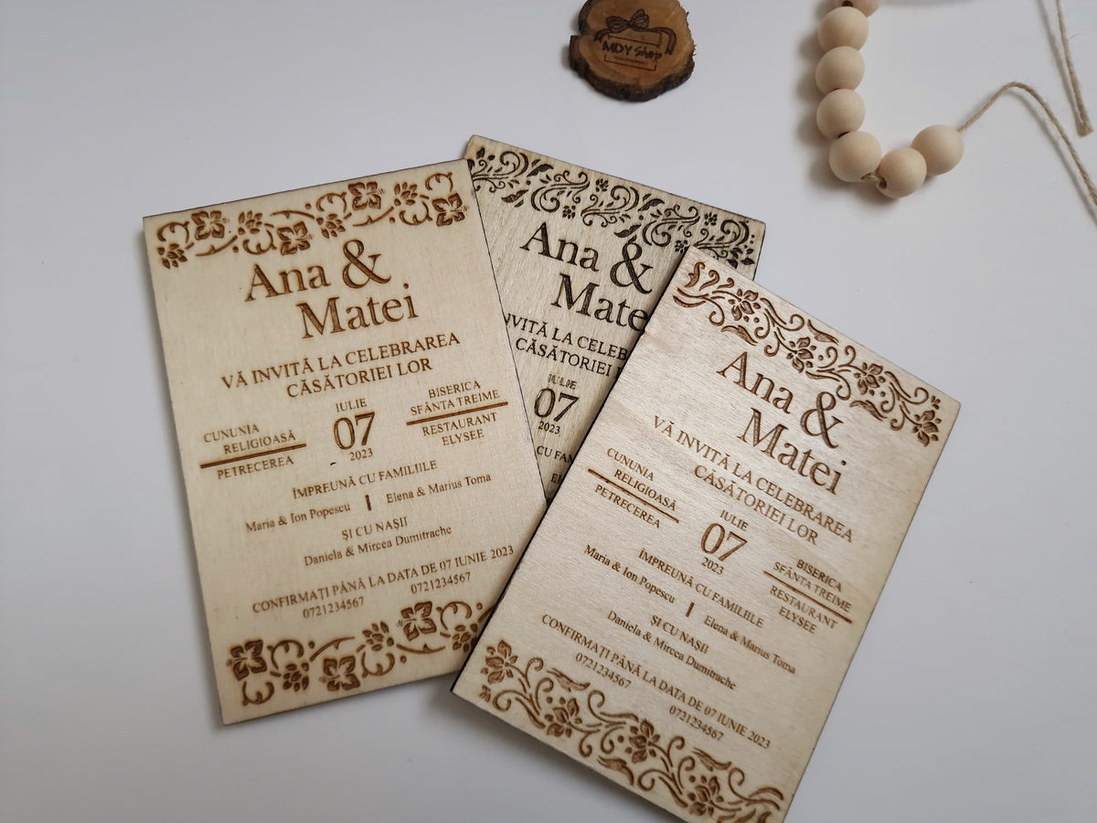 Invitație Nuntă Personalizată din Lemn, Gravată - MDY Shop